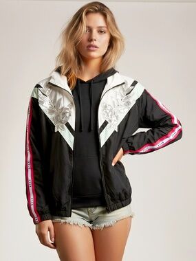 Victoria's Secret Pink Anorak Windbreaker Bling Jacket Full Zip Black XS NWT